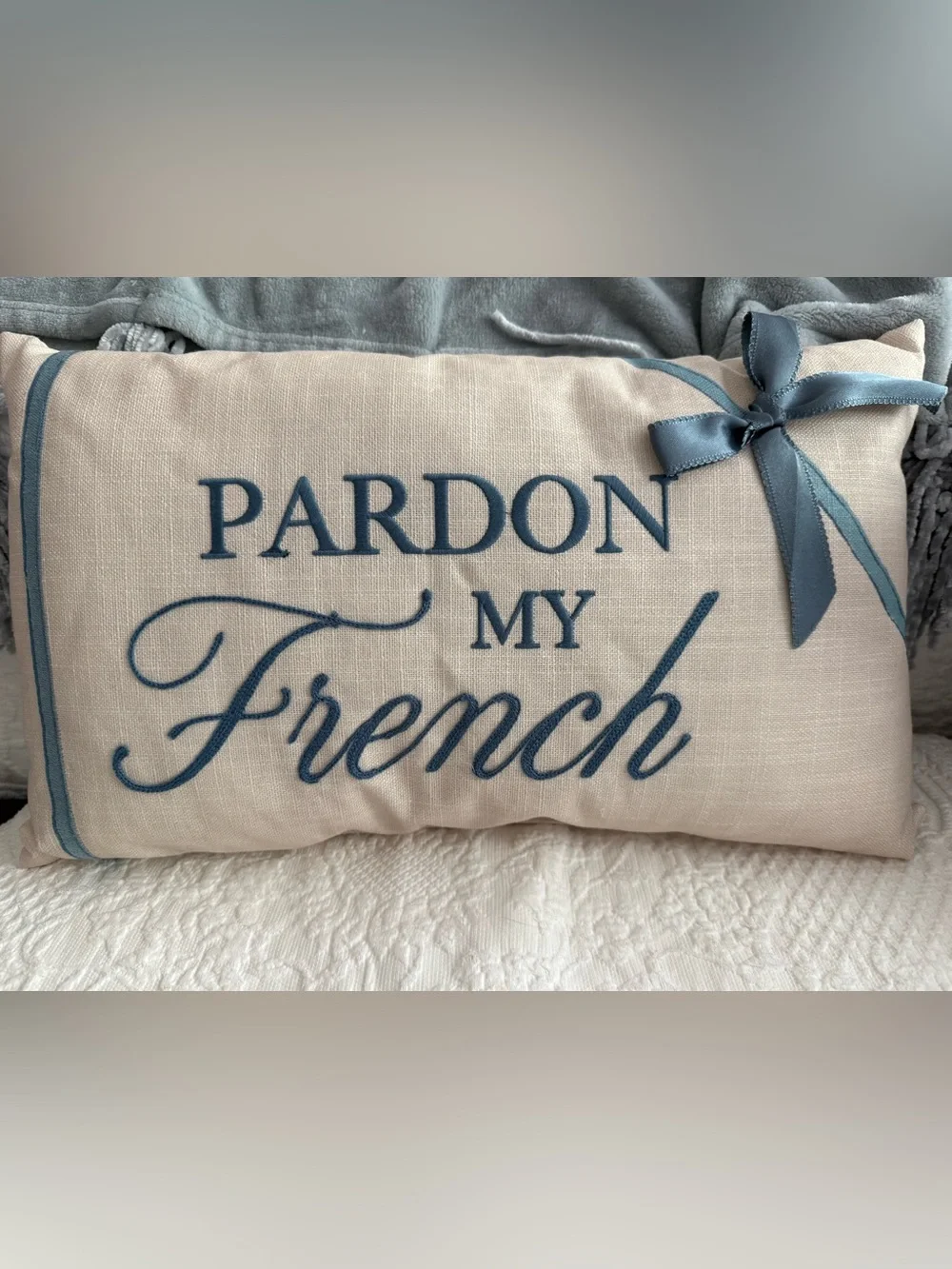 Embroidered 'Pardon My French' Decorative Pillow - Blue on Cream